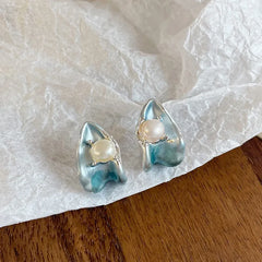Women S925 Silver 18k Gold-plated Freshwater Pearl Blue Purple Hand-Painted Graffiti Drip Glaze Stud Earring for Female Daily