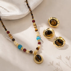 Women Tiger Eye Stone Red Agate Shell Natural Stone 18k Gold-plated Necklace S925 Silver Stud Earring Retro Fashion Jewelry Sets