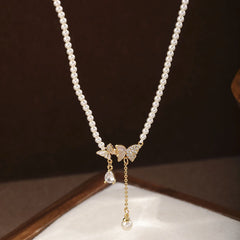 Fashion Elegant Butterfly Pearl Cubic Zirconia 18K Gold Plated Necklaces for Girls Sweet Jewelry for Women Ladies Wholesale