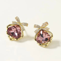Shiny Glitter Rhinestone Fruits Strawberry Stud Earrings for Girls Bowknot Sweet Elegant Jewelry for Women Ladies Accessories