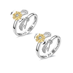 Best Seller Adjustable Sunflower-rotating Silver Ring with Zircon Simple Forest-style Double-hand Embrace Rings Women Jewelry