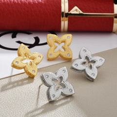Gold Plated Quatrefoil Flower Stud Earrings Hollow Out Textured Geometric CZ Crystal Jewelry for Women Trendy Ear Accessories