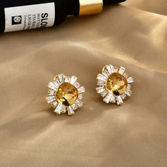 14K Gold Plated Ear Studs Rhinestone Glitter Zircon Inlaid Sunflower Earrings Light Luxury High-end Fashion Exquisite Earrings