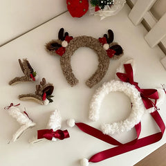 2025 Christmas Sweet Cute Ribbon Bowknot Hair Band for Baby Girls Fluffy Deer Head Band for Kids Children Hair Accessories Chic
