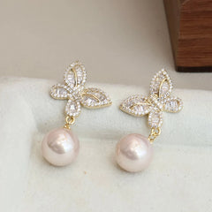 Sweet Butterfly Imitation Pearl Luxury Latest Drop Earrings for Girls Elegant Glitter Jewelry for Women Ladies Accessories Chic
