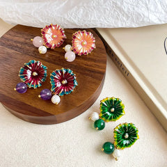 Female Green Pink Flower S925 Silver Freshwater Pearl 18k Gold-plated Drop Earring Bulk in Stock Fashion Jewelry for Daily