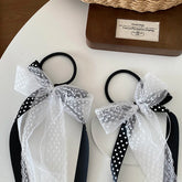Girls Black White Ribbon Bowknot Small Scrunchies Ponytail Holder Elegant Fashion in Stock Hair Ties for Children Kids Daily Use