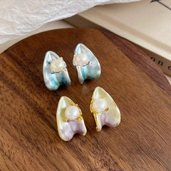 Women S925 Silver 18k Gold-plated Freshwater Pearl Blue Purple Hand-Painted Graffiti Drip Glaze Stud Earring for Female Daily
