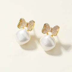 Fashion Bowknot Imitation Pearl Elegant Drop Earrings for Girls Sweet Dainty Charms Jewellry for Women Ladies Accessories Chic