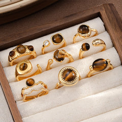 Fashion Tiger Eye Stone Copper 18K Gold Freshwater Pearl Rings for Girls Trendy Cubic Zirconia Jewelry for Women Lady Wholesale