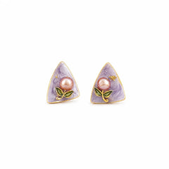 Girls Drip Glaze Hand-Painted Graffiti Purple Pink Flower Freshwater Pearl S925 Silver Stud Earring Elegant Trendy Jewelry