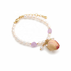 Female Charms Luxury Freshwater Pearl Natural Stone Dried Rose Flowers Bracelet Low MOQ in Stock Elegant Jewelry for Causal