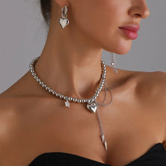 Fashion Trendy Heart Mental Beads Layered Wearing Glamorous Necklaces for Girls Elegant Y2K Jewelry for Women Ladies Accessories
