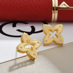 Gold Plated Quatrefoil Flower Stud Earrings Hollow Out Textured Geometric CZ Crystal Jewelry for Women Trendy Ear Accessories