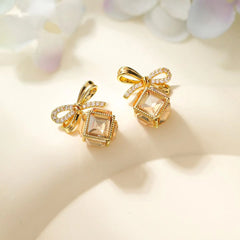 Women Yellow Small Crystal Rhinestone Bow Stud Earring Fashion Glitter Flower Shape Customized Daily Office Jewelry Accessories