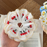 Female Three Layer Cherry Print Large Ponytail Holder Scrunchies Elegant Chic High Elastic Hair Ties Accessories for Women Daily