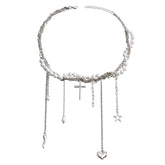 Fashion Imitation Pearl Tassel Heart Star Cross Necklaces for Girls Gothic Sweet Spicy Jewelry for Women Ladies Accessories