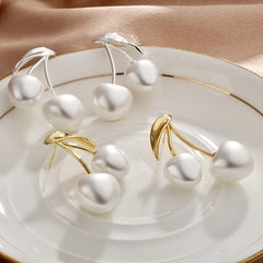 Cherry Round Imitation Pearl Stud Earrings Simple French Style Light Luxury Elegant Sweet Earrings Women Accessory Fashionable