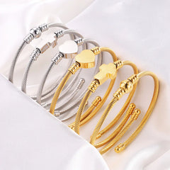 Stainless Steel Cable Bangle Bracelet Women's Heart and Cross Charm Adjustable Open Cuff Fashion Jewelry Accessories Wholesale