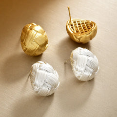 Women's Copper Stud Earrings Gold Drawing Woven Pattern Water Drop Earrings Elegant Retro Simple High-end Fashion Ear Studs