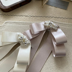 Korean Princess Satin Ribbon Bow Hairpin with Imitation Pearl High-end Hair Clips for Women Sweet Elegant Hair Accessories Bulk
