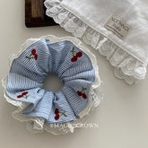 Female Cherry Print Plaid Fabric Multiple Layer Ponytail Holder Scrunchy Elegant Fashion in Stock Hair Ties Accessory for Women