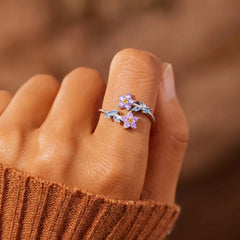 Women's Silver Adjustable Flower Open Ring Purple and Blue Crystal Floral Design Elegant Romantic Fashion Jewelry Gift Wholesale