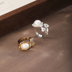 Fashion Simple Baroque Pearl White Zircon Rings for Girls Sweet White K Plated Jewelry for Women Ladies Wholesale China Factory