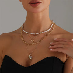 Fashion Glitter Moon Layered Wearing Necklaces for Girls Trendy Luxury Charms Jewelry for Women Ladies Accessories Wholesale