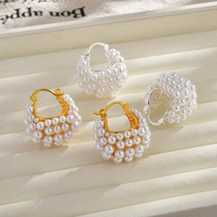 French-style Imitation Pearl Basket Ear Buckles Fashionable Elegant Cluster Beaded Statement Earrings Jewelry Accessories Bulk