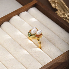 Fashion Freshwater Pearl Flowers Copper 18K Gold Plated Rings for Girls Sweet Elegent Jewelry for Women Ladies Wholesale Bulk
