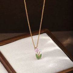 Fashion Copper 18K Gold Plated Glass Pearl Flower Pendent Necklaces for Girls Sweet Jewelry for Women Ladies Wholesale Low MOQ
