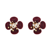 Retro Burgundy Flocked Flower Stud Earrings Ultra-Shiny Zircon-Inlaid Earrings Unique Design Elegant Ear Studs Autumn and Winter