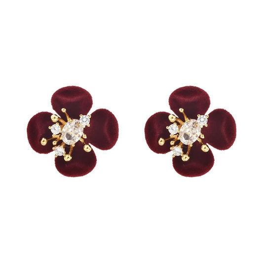 Retro Burgundy Flocked Flower Stud Earrings Ultra-Shiny Zircon-Inlaid Earrings Unique Design Elegant Ear Studs Autumn and Winter