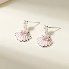 Fashion Pink Shell Imitation Pearl Sweet Princess Style Drop Earrings for Girls Ocean Jewelry for Women Ladies Accessories