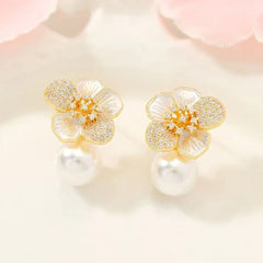 Women Flower Shape Imitation Pearl Hot Sale Drop Earring Fashion Graceful Elegant Bulk Jewelry Accessories for Female Causal Use
