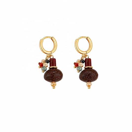 Women Retro Bodhi Seeds Natural Stone 18k Gold-plated Earring Charms Dainty Low MOQ Factory Price Jewelry for Female Daily