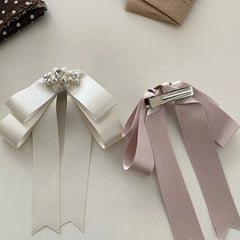 Korean Princess Satin Ribbon Bow Hairpin with Imitation Pearl High-end Hair Clips for Women Sweet Elegant Hair Accessories Bulk