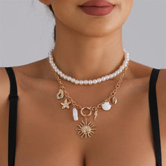 Fashion Beads Sun Star Shell Layered Wearing Necklaces for Girls Elegant Imitation Pearl Jewelry for Women Ladies Accessories
