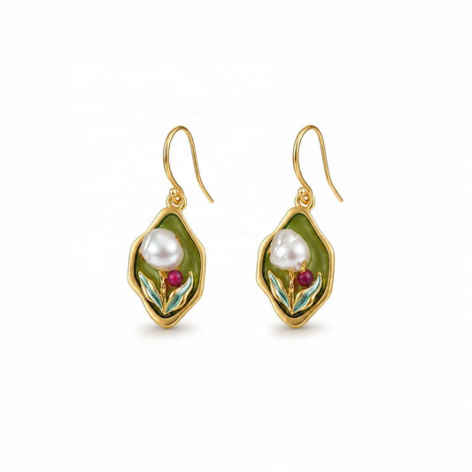 Women Elegant Green Copper Plated 18K Real Gold Freshwater Pearls Earring Jewelry Low MOQ Mixed Order Accepted for Daily Use