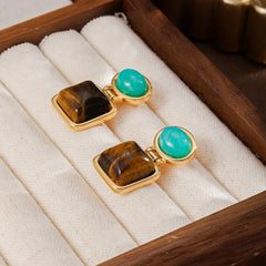 Fashion S925 Silver Tiger Eye Stone Natural Stone Stud Earrings for Girls 18K Gold Plated Jewelry for Women Ladies Wholesale