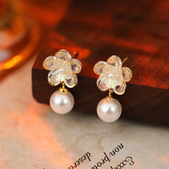 Female Simple Small Flower Imitation Pearl Rhinestone Earring Fashion Sparking High Quality Wholesale Daily Jewelry Accessories