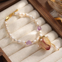 Female Charms Luxury Freshwater Pearl Natural Stone Dried Rose Flowers Bracelet Low MOQ in Stock Elegant Jewelry for Causal