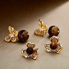 Women's Retro Bow Stud Earrings Coffee Hollowed-out Flowers Earrings Exquisite Fashionable and Elegant Earrings Jewelry Bulk