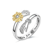 Best Seller Adjustable Sunflower-rotating Silver Ring with Zircon Simple Forest-style Double-hand Embrace Rings Women Jewelry