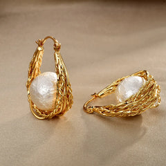Niche Designer Earring Woven Hemp Pattern Luxury High-end Beads Imitation Pearl Earrings Cold Style Hollow Women's Earring New