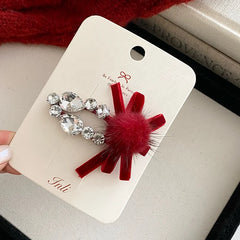 Red Velvet Hair Clip with Crystal Rhinestone and Faux Fur Pom Pom Hair Clips for Women Girls Fashion Hair Accessories Wholesale