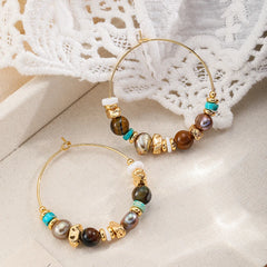 Fashion Tiger Eye Stone Turquoise Freshwater Pearl Shell Hoop Earrings for Girls 18K Gold Jewelry for Women Ladies Wholesale