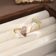 Fashion Freshwater Pearl Crushed Shell Cubic Zirconia Butterfly Rings for Girls Sweet Jewelry for Women Ladies Wholesale Bulk