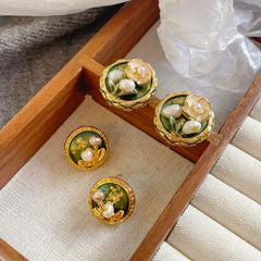 Fashion Freshwater Pearl Hand-Painted Drip Glaze Flower Stud Earrings for Girls Sweet Copper 18K Gold Jewelry Wholesale Bulk